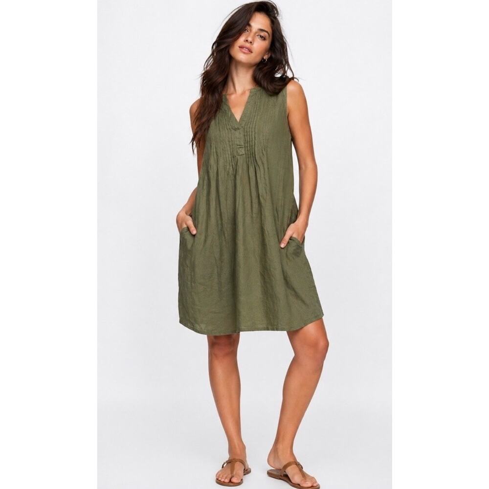 Sonoma Linen Dress Olive Green Pleated Pockets Size Medium Shift